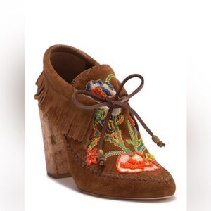 Tori Burch Leather Distressed Fringed Embroidered Suede Cork Heeled Booties 10